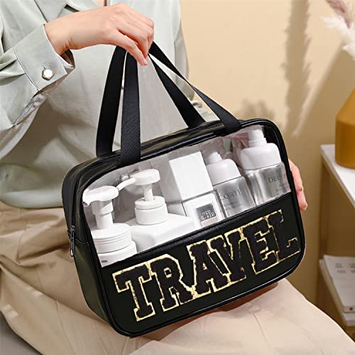 CRUOXIBB Chenille Letter Clear PVC And PU leather Large Travel Cosmetic Toiletry Storage Bag Waterproof Makeup Tote Bag Organizer Bag for Women(TRAVEL-Black)