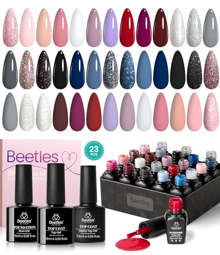 Beetles 23Pcs Gel Nail Polish Set with 3Pcs Base Matte and Glossy Top Coat,Nude Gray Pink Blue Glitter Gel Polish Kit Modern Muse Collection,Soak off Uv Gel for Girls Women