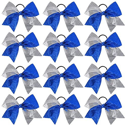 CEELGON Large Glitter Cheer Bows 12 PCS 8" Two Toned Ponytail Holder Girls Elastic Hair Ties for Teens Girls Softball Competition Sports Cheerleaders-Royal Blue/Silver