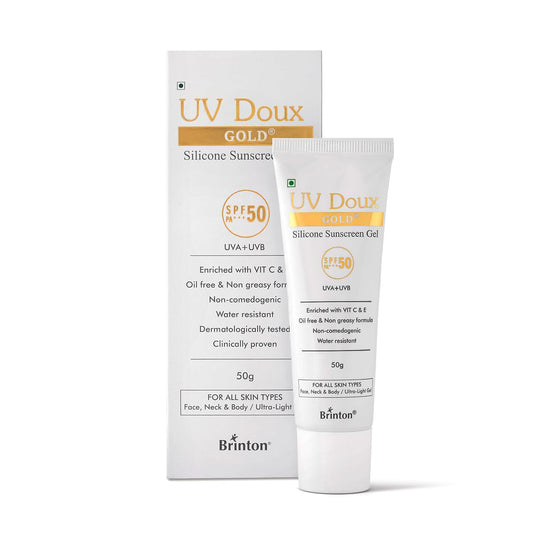 Brinton UV Doux Gold Lightweight Sunscreen Gel with Broad Spectrum Protection for Face & Body | Non-Comedogenic, Paraben-Free, Water-Resistant | Suitable for All Skin Types, 50g