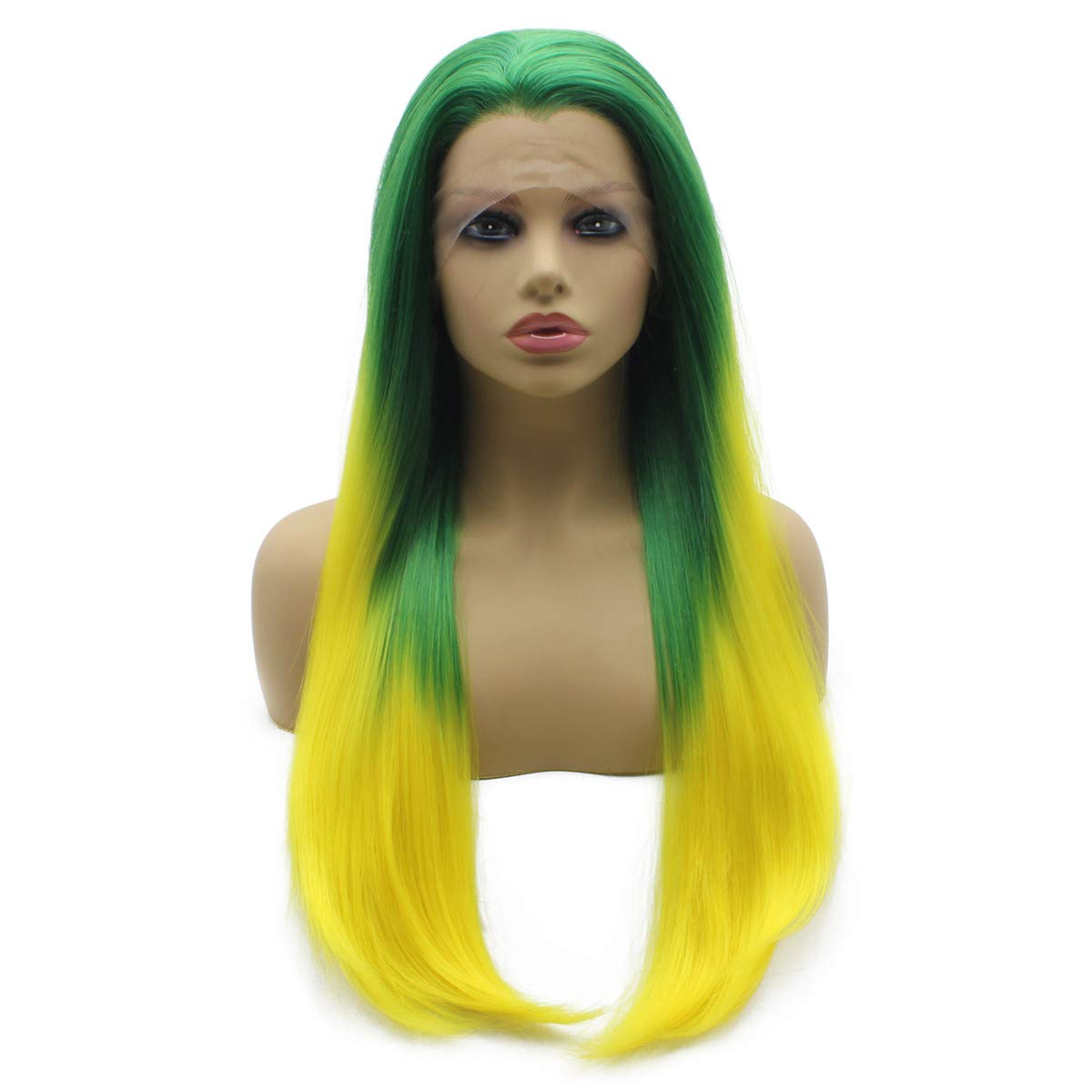 iwonawig Long Green Yellow Ombre Synthetic Lace Front Hair Wig Straight Halloween Party Wig