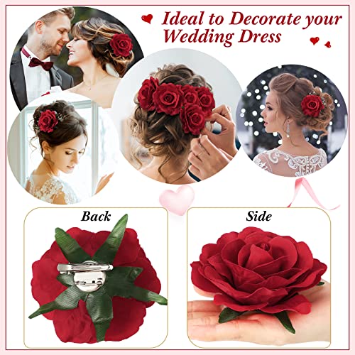 30 Packs 4 Inch Flower Hair Clip Rose Hair Accessories Floral Hairpin Brooch Hair Flowers Pin Flower Brooch for Bridal Headpiece Accessories Wedding(Red)