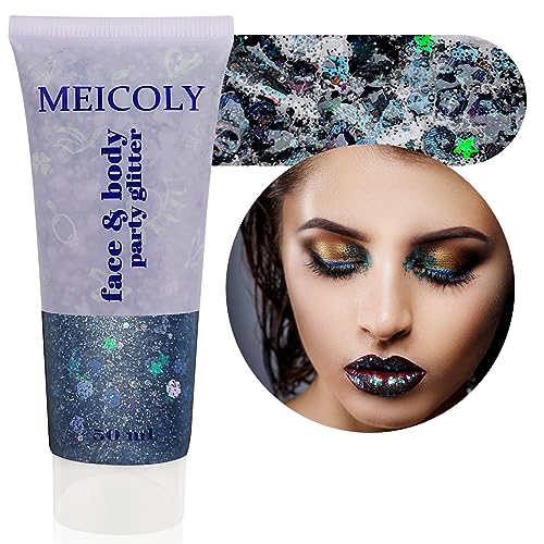 MEICOLY Black Face Glitter,Professional Glitter Body Paint,Mermaid Sequins Eye Glitter Face Painting for Halloween Cosplay SFX Makeup,Chunky Face Glitter Gel for Women and Kids,50ml