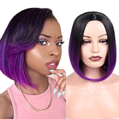 HANNE Ombre Purple Bob Wig Short Straight Bob Wig Heat Resistant Synthetic Hair Wigs for Black Women (Black to Purple)