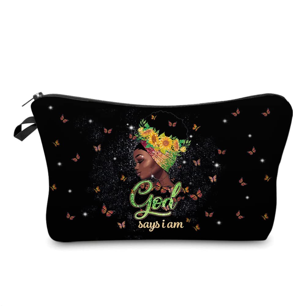 African American Makeup Bag for Purse God Says I Am Afro Black Cosmetic Bags for Women Inspirational Gift Small Funny Cosmetics Pouch Travel Bag Cases