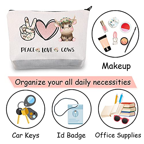 JXGZSO Cow Pattern Makeup Bag Peace Love Cows Cosmetic Bag With Zipper Cow Gift For Cow Lover Cattle Owner Animal Lover