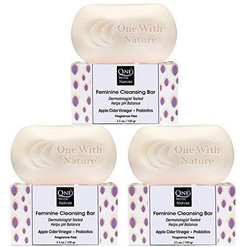 One With Nature Feminine Cleansing Bar 3Pack 3.5Oz - Fragrance-Free Feminine Soap Bar, Probiotics, Apple Cider Vinegar, Omega Fatty Acids, Oatmeal, Pure, Gentle Cleansing Bar for All Skin, Face, Body