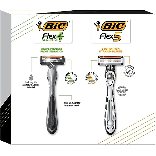 BIC Flex 4 Sensitive Titanium Men's Disposable Razors With 4 Blades with Bonus BIC Flex 5 Disposable Razor, 8 Razors Total