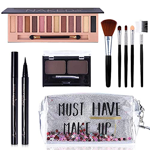 All in One Makeup Kit,12 Colors Nude Shimmer Eyeshadow Palette, Waterproof Black Eyeliner Pencil, Duo Pressed Eyebrow Powder Kit, 5 Brushes With Quicksand Cosmetic Bag Gift Set