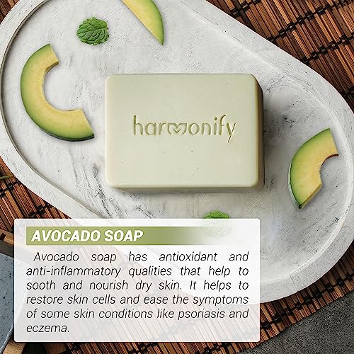 HARMONIFY All Natural 3 Set of Soap Bars, (Avocado, Carrot, Shea Butter) with Wooden Soap Dish, Assortment of Hand-Made Soaps, Skin Revitalizing and Moisturizing, Healthy, Made in Europe