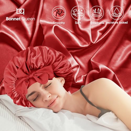 BONNET QUEEN Silk Bonnet for Sleeping Women Satin Bonnet Hair Bonnet night sleep cap scarf wrap for curly hair with tie band red