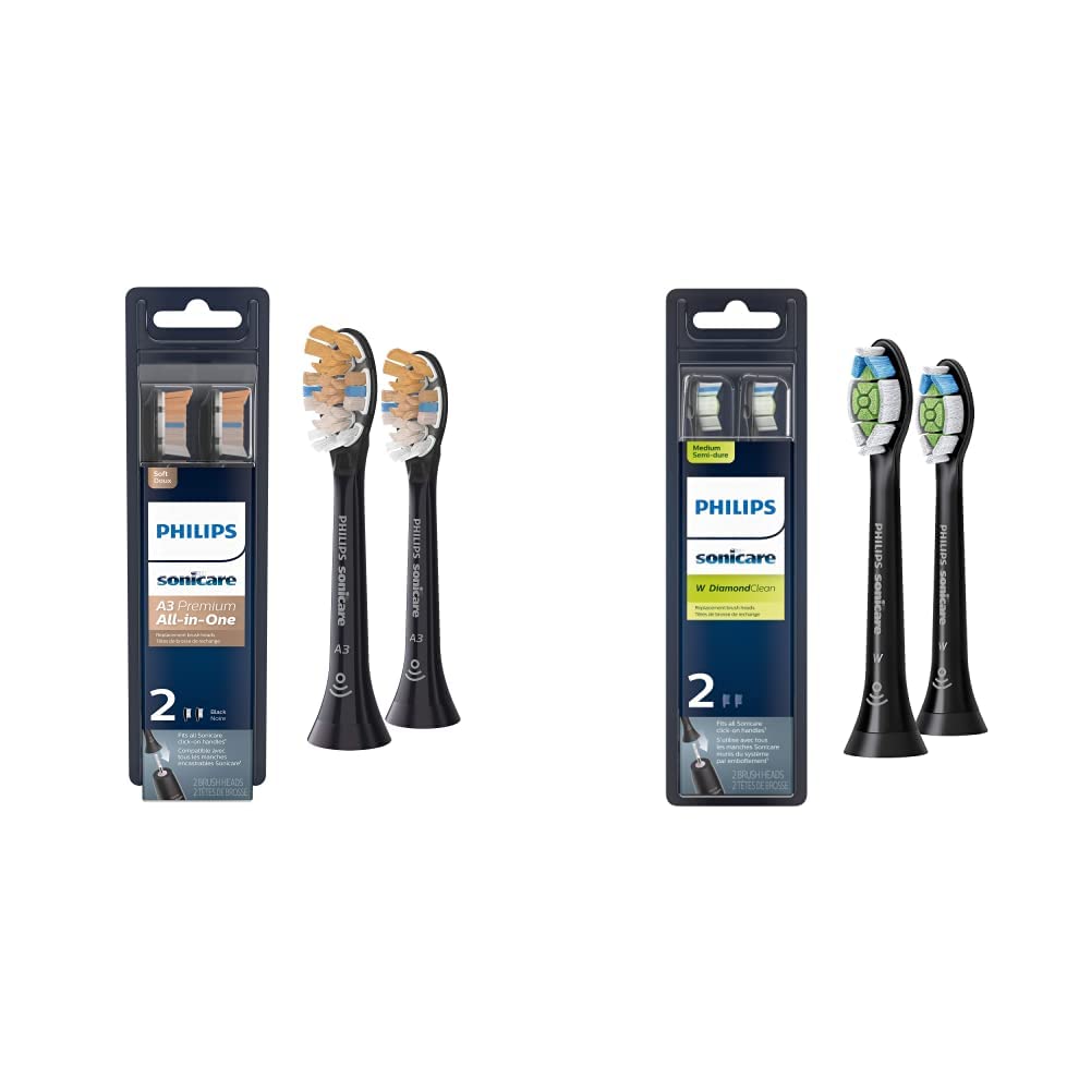 Philips Sonicare Genuine A3 Premium All-in-One Replacement Toothbrush Heads and Philips Sonicare Genuine W DiamondClean Toothbrush Heads, 2 Brush Heads Each, Black