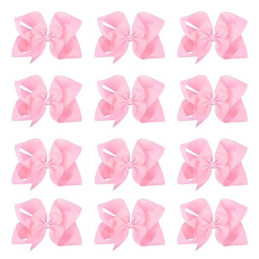 DEEKA 12 PCS 6" Big Hand-made Grosgrain Ribbon Hair Bow Alligator Clips Hair Accessories for Little Teen Toddler Girls - Light Pink