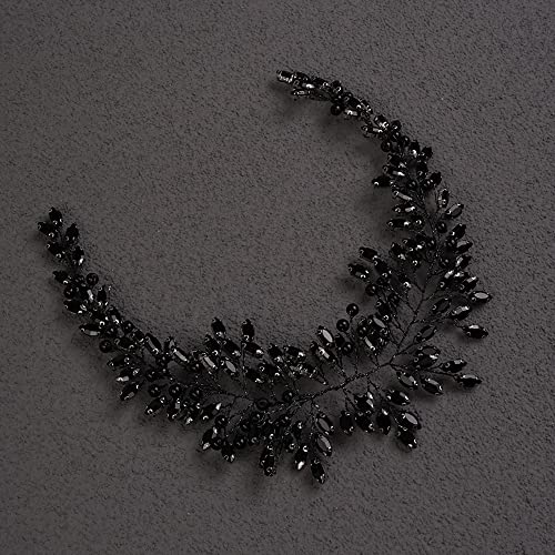 Teyglen Bride Wedding Rhinestone Crystal Long Headband Hair Vine Bridal Black Pearl Crystal Headband Wedding Hair Accessories for Bride Hair Pieces Black Headpiece for Women Girl (Black)