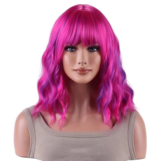 AneShe Short Colored Bob Wavy Wig for Women Curly Shoulder Length Bob Synthetic Wig Colorful Costume Wigs for Party Cosplay (14" Rose Mixed Purple)