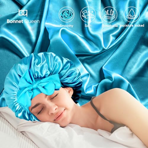 BONNET QUEEN Silk Bonnet for Sleeping Women Satin Bonnet Hair Bonnet Night Sleep Cap Scarf wrap for Curly Hair with tie Band Aqua