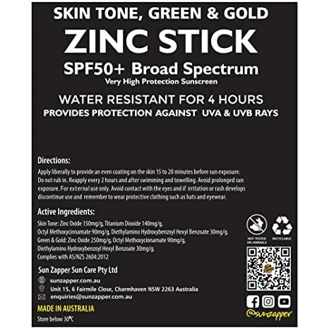 Sun Zapper Zinc Oxide Sunscreen - Skin Tone, Green & Gold - SPF 50+ Very High Sun Protection Waterproof Sunblock for Face & Body, Adults, Kids, Baby - Travel Stick