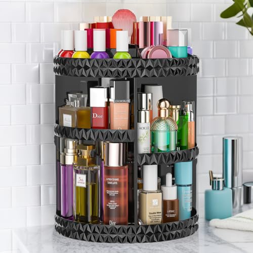 HEMTROY 360 Rotating Makeup Organizer, DIY Adjustable Cosmetics Organizer, Professional Acrylic Make Up Caddy Shelf Storage Perfume, Lipsticks, Makeup Brushes or Accessories (Black)