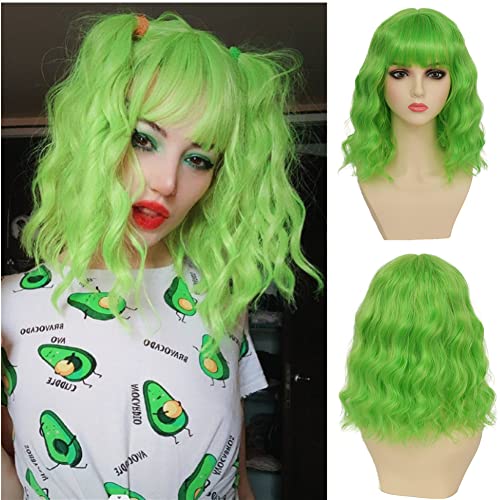 Dai Cloud Lime Green Wigs with Bangs For Women Short Bob Wavy Curly Cosplay Halloween Wigs Bob Party Wig Include Wig Cap