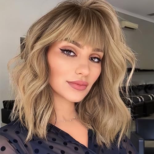 ALANHAIR Blonde Bob Wigs Curly Bob Wigs Ombre Blonde Bob Wig for Women Short Bob Curly Wigs with Bangs Short Bob Wavy Wigs Natural Synthetic Heat Resistant Wigs for Halloween/Christmas/Cosplay/Party