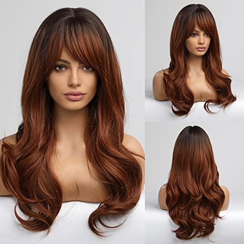 HAIRCUBE Reddish Brown Wigs for Women,Long Wave Synthetic Wigs with Bangs Heat Resistant Fibre Wig Natural looking