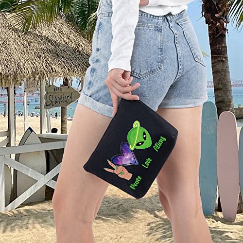 LEVLO Funny Alien Cosmetic Bag Alien Lover Gift Peace Love Alien Makeup Zipper Pouch Bag UFO ET Fans Gift (Peace Alien Black)