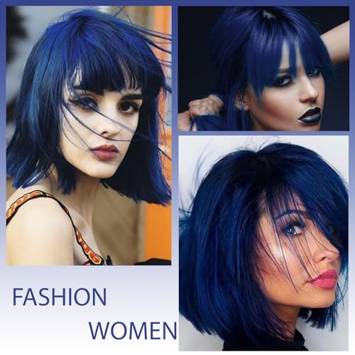 MERISIHAIR Short Blue Bob Wig with Bangs Synthetic Straight Blue Cut Wig Shoulder Length Fashion Cosplay Wig for Girl Colorful Costume Wig