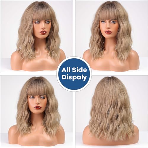 ALANHAIR Blonde Bob Wigs Curly Bob Wigs Ombre Blonde Bob Wig for Women Short Bob Curly Wigs with Bangs Short Bob Wavy Wigs Natural Synthetic Heat Resistant Wigs for Halloween/Christmas/Cosplay/Party