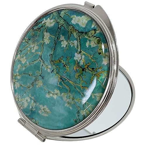 Nacreh Portable Makeup Compact Double Magnifying Mirror Cosmestic Foldable Pocket Style Unique Mother of Pearl Design (Almond Blossom)