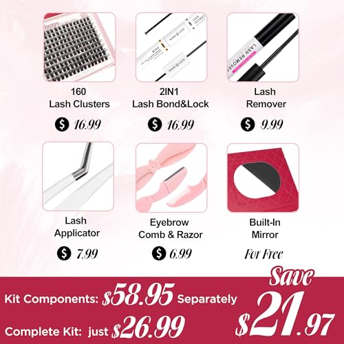 CAELYMINE Lash Extension Kit for Beginners Lash Clusters Kit with Lash Glue Remover Lash Kit Bond and Seal Individual Lashes Kit Eyelash Applicator (CT50 10-16 Mix)