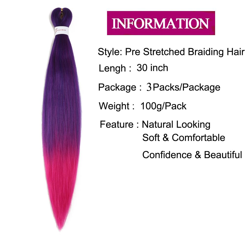 Pre Stretched Braiding Hair Extensions 30 Inch 3 Packs Long Professional Crochet Twist Braids Hair Synthetic Box Braiding Hair Hot Water Setting Soft Yaki Texture(30 Inch,Purple/227C)