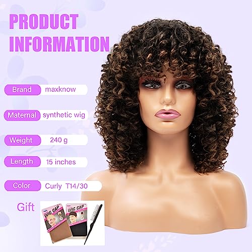 maxknow Curly Wigs for Black Women Fluffy Curly Afro Wig for Women Soft Synthetic Curly Ombre Brown Wig with Bangs Full Wigs for Women Daily Use (T1430 Ombre Brown)