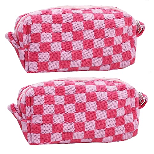 SxoSyo 2 Pcs Cosmetic Bags for Women Makeup Bag Purse Travel Toiletry Zipper Storage Pouch Make up Brushes Organizer for Gifts (Checkered, Pink 2)