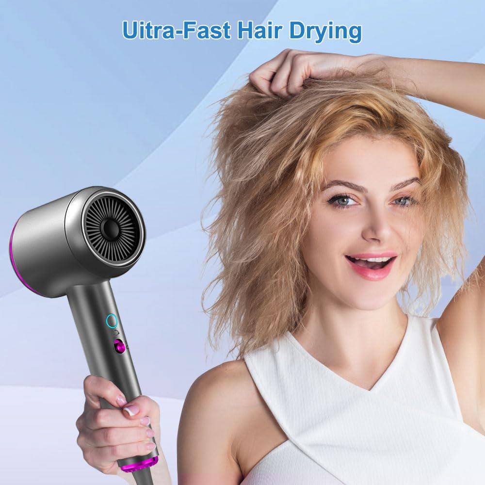 Professional Portable Hair Dryers with 1 Smoothing Nozzle 1 Diffuser Nozzle,Powerful 1500W Fast Drying Low Noise Blow Dryer,Attachments for Home Salon Travel(Dark Grey)