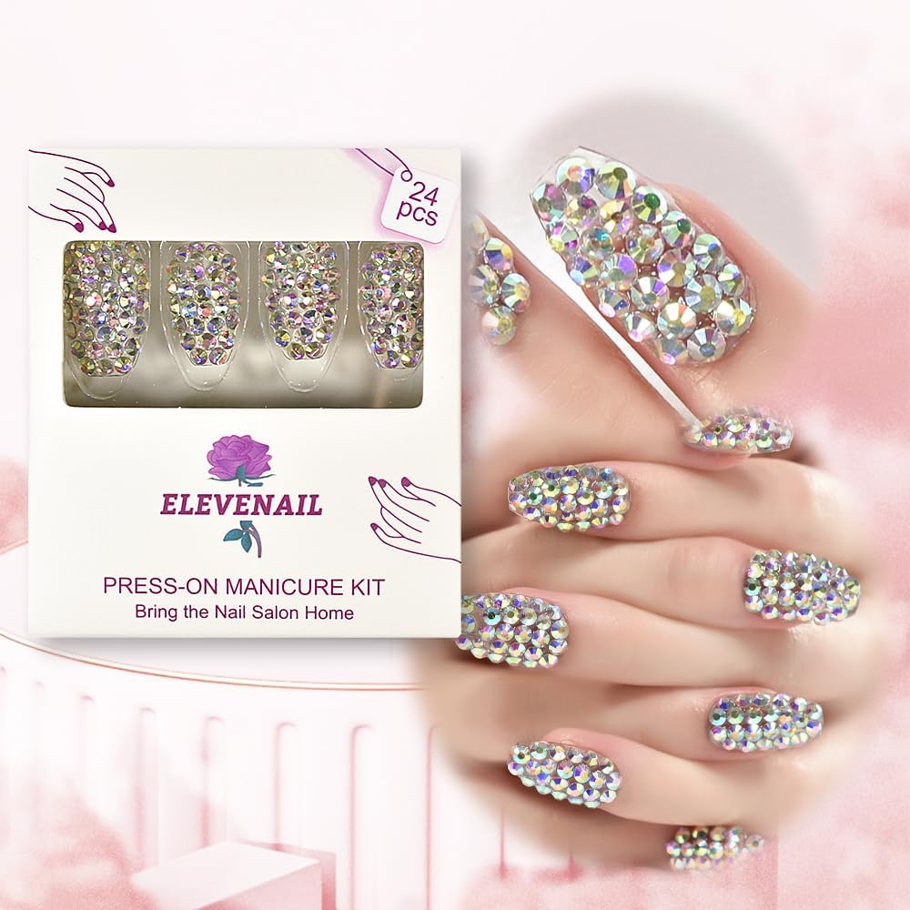 Elevenail 24pcs Full 3D Rhinestone Press on False Nails Medium length Coffin Fake Nails Salon DIY Manicure Reusable Acrylic Nail Art Tips Gift for Women Girls