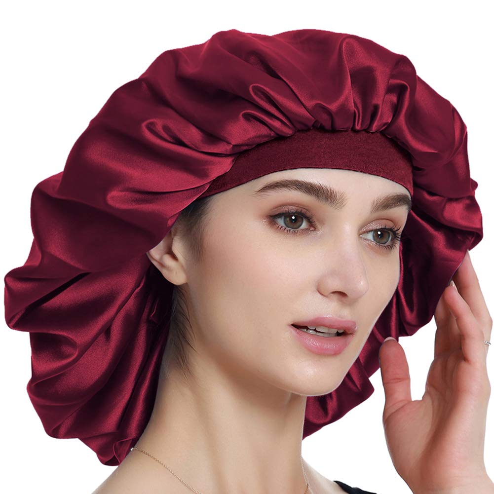 Silk Satin Bonnet Sleep Cap Extra Large for Braids Locs Curls Hair Wine Red