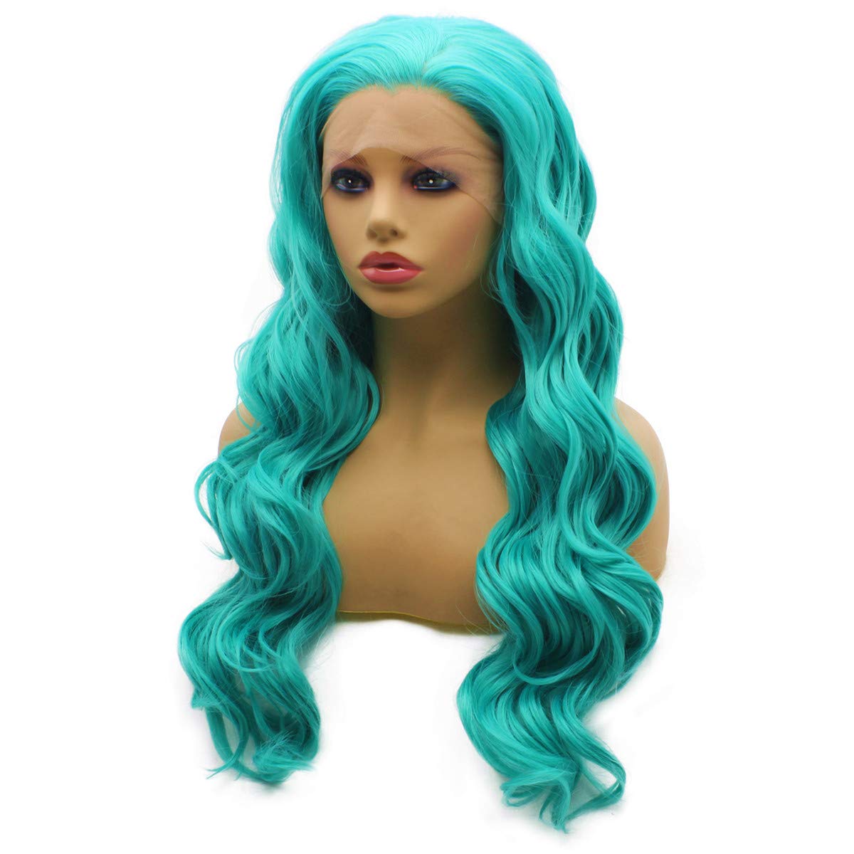 Iewig Long Wavy Blue Synthetic Lace Front Wig Heat Resistant Fiber Hair