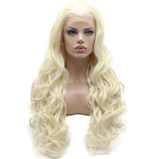 Lushy Wavy Long Light Blonde White Mix Wig Half Hand Tied Heat Resistant Synthetic Lace Front Wigs