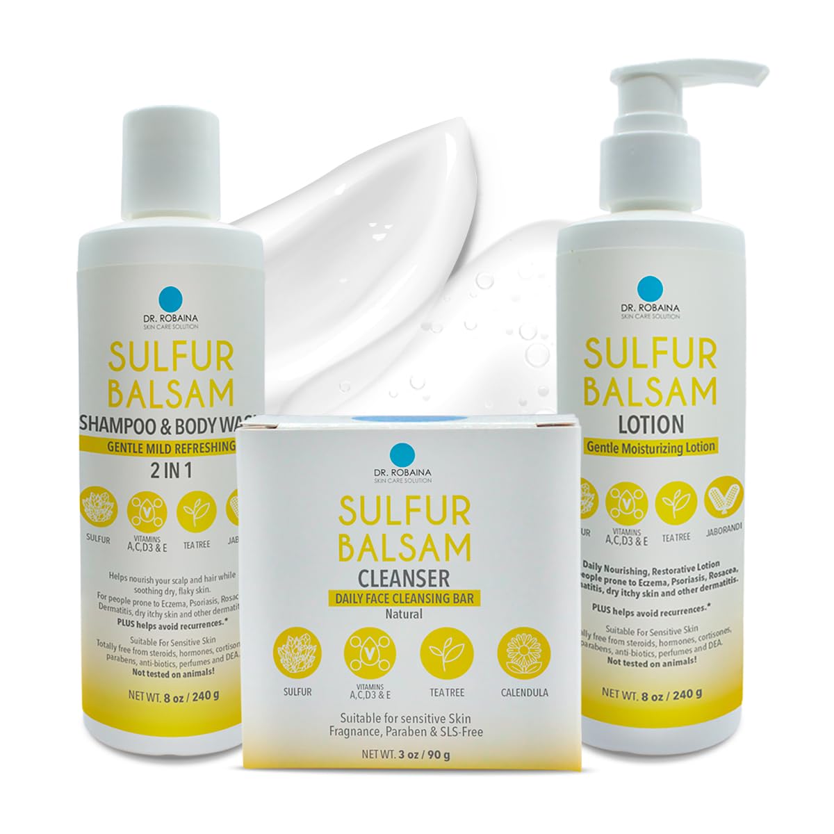 Dr. Robaina Skin Care Solution Sulfur Balsam Bundle - Cleansing Bar, Shampoo & Body Wash and Moisturizing Lotion