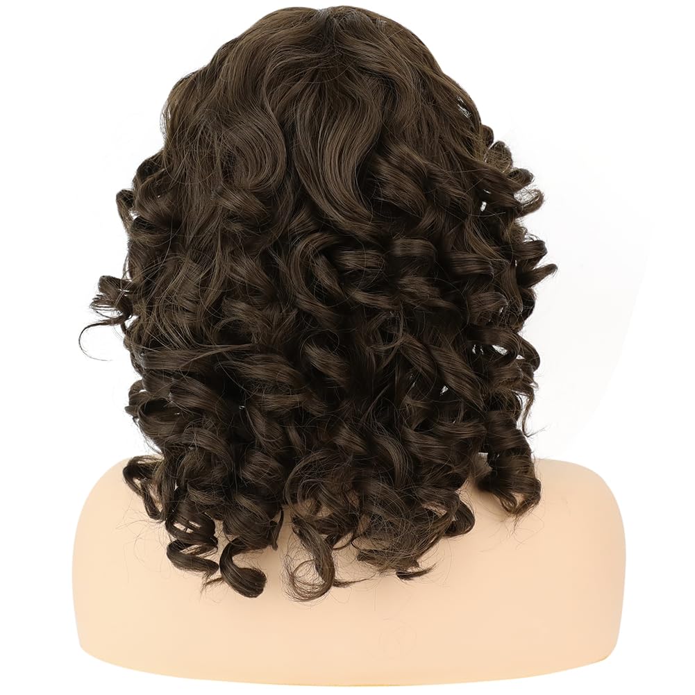 HUAISU Short Brown Curly Kinky Wig with Bangs Synthetic High Density Shoulder Length Deep Wave Density Wig for Women One Piece Heat Resistant Fluffy Cosplay Wig (Brown, 14inch)