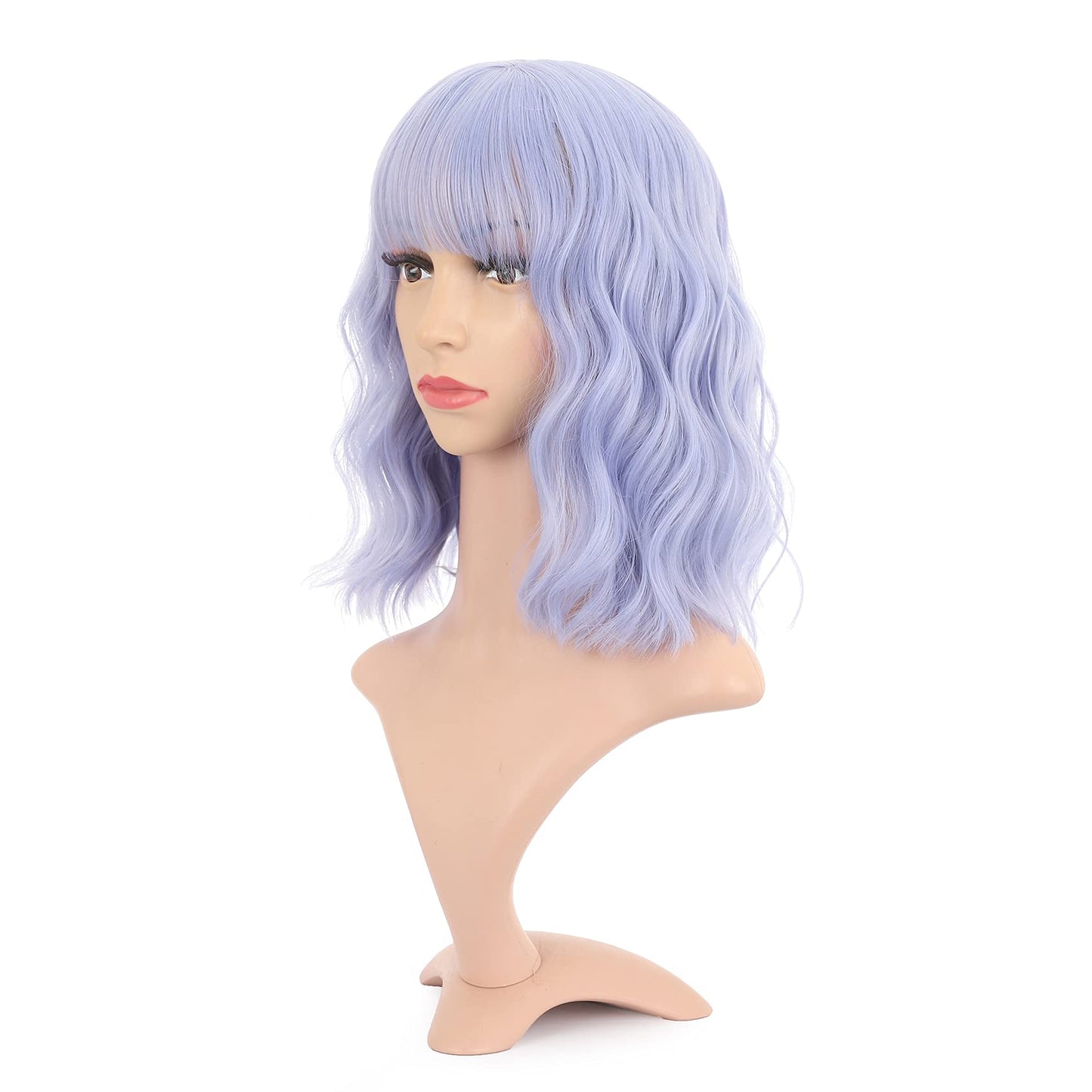 VCKOVCKO Natural Wavy Wig With Air Bangs Short Bob Grey Blue Wigs Women's Shoulder Length Wigs Curly Wavy Synthetic Cosplay Wig Pastel Bob Wig for Girl Colorful Wigs(12",Grey Blue)