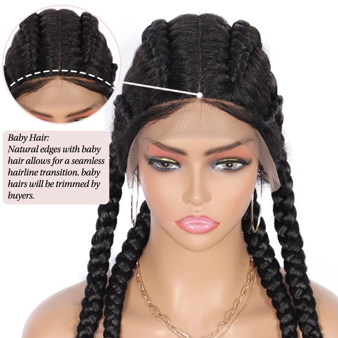 Kalyss 35" Hand-Braided Human Hair Blended Lace Front Box Braided Wigs with 360 Lace Front Black Double Dutch Braided Wigs for Women Heat Resistant Lightweight Twisted Braids Wig