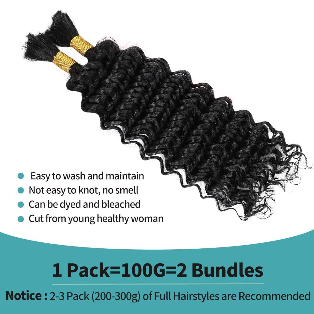 Human Braiding Hair 24 Inch Deep Wave Bulk Human Hair for Braiding No Weft 2 Bundles 100g Curly Human Hair for Boho Braids 100% Unprocessed Brazilian Virgin Hair for Human Hair Extensions