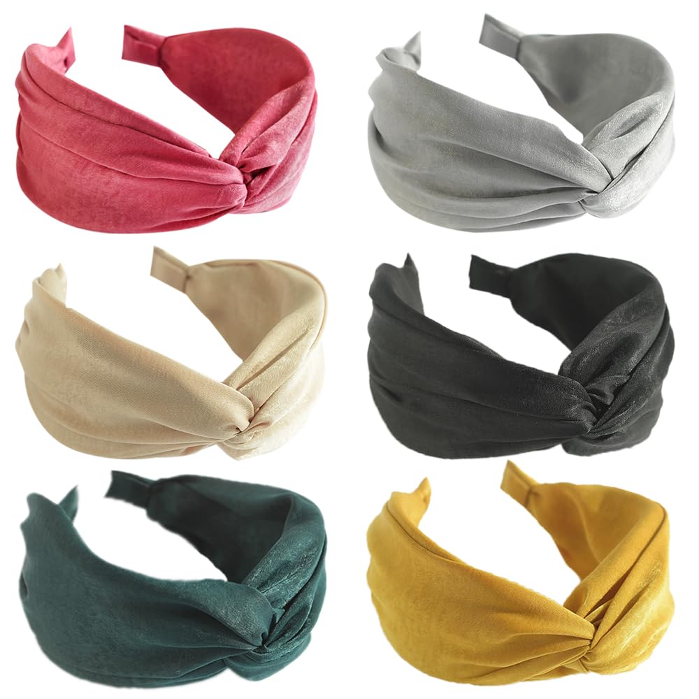 HUANMAYE 6Pcs Wide Headbands for Women Elastic Fabric Hair Bands Fashion No Slip Cashew Design Hair Hoops Knotted Hair Accessories for Girls (Solid)