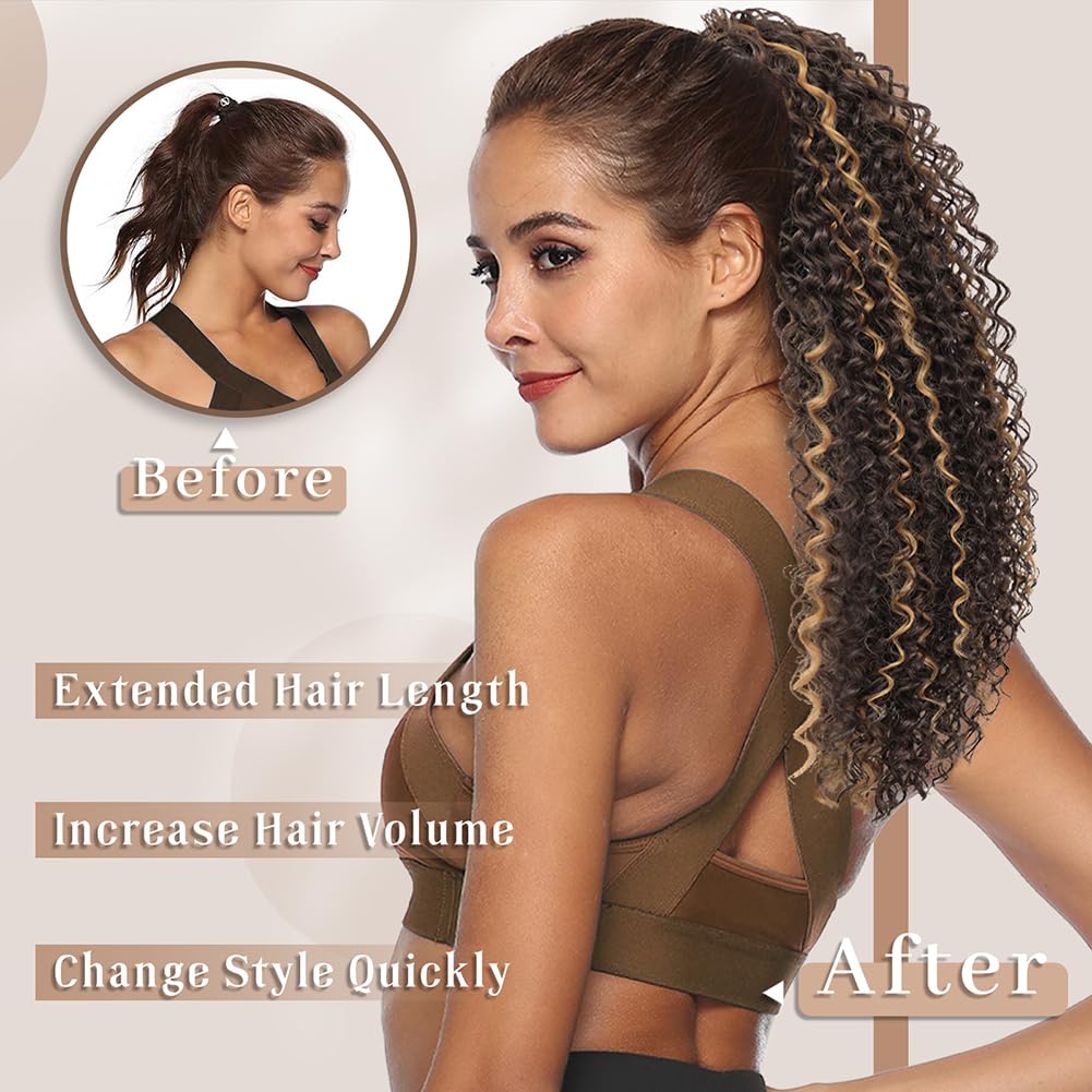 LOSMOEER Ponytail Extension 10 Inch Drawstring Ponytail Hair Extensions for Women Dark Brown Short Kinky Curly Ponytail Fake Hairpiece Daily Party Use