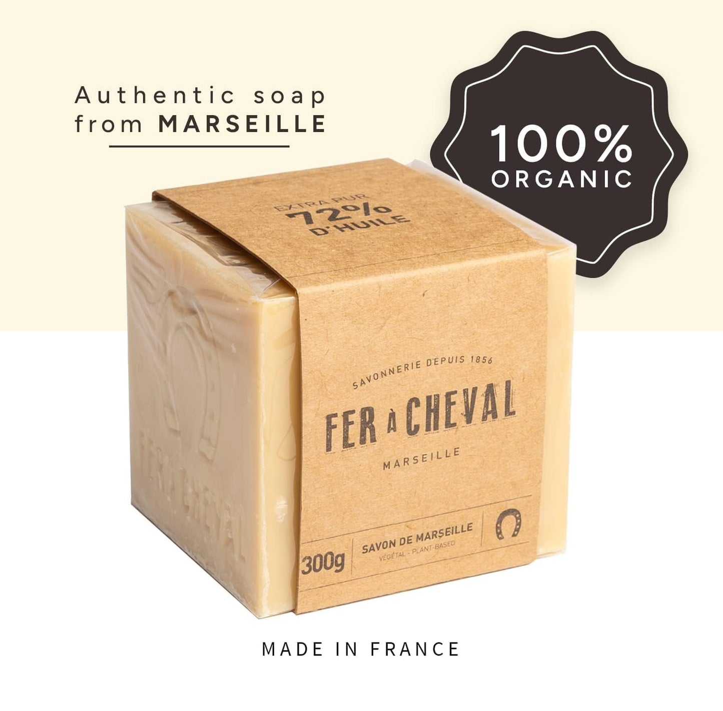 Fer à Cheval Pure Olive and Vegetal Authentic Savon De Marseille Soap Bar, Natural Hypoallergenic Soap Cubes with French Olive Oil, Vegetal 2 Pack, 300g