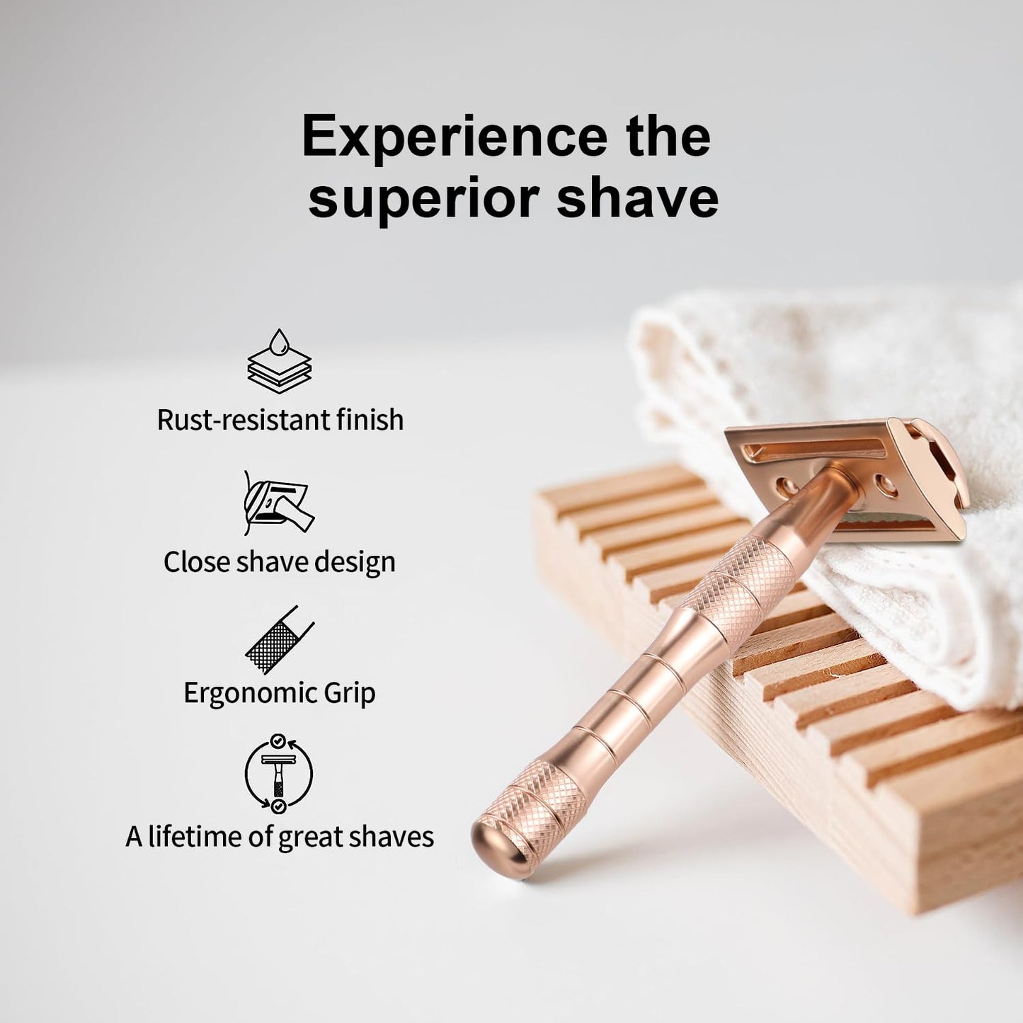 THE GROOMING SOCIETY Safety Razor with 10 Double Edge Blades Refills, Single Blade Razor, Zero Waste Reusable Razor for Men Women, Smooth Closed Shave - Gold