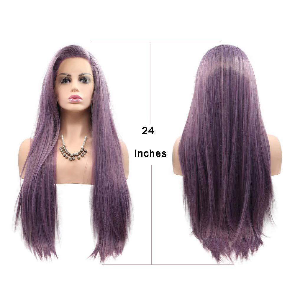 Purple Wigs Long Straight Synthetic Lace Front Wigs for Women Handmade Realistic Looking Wig Ash Lavender Side Part Glueless Wig Heat Friendly Hair Replacement Wigs Cosplay Costume Daily Wigs 24 Inch