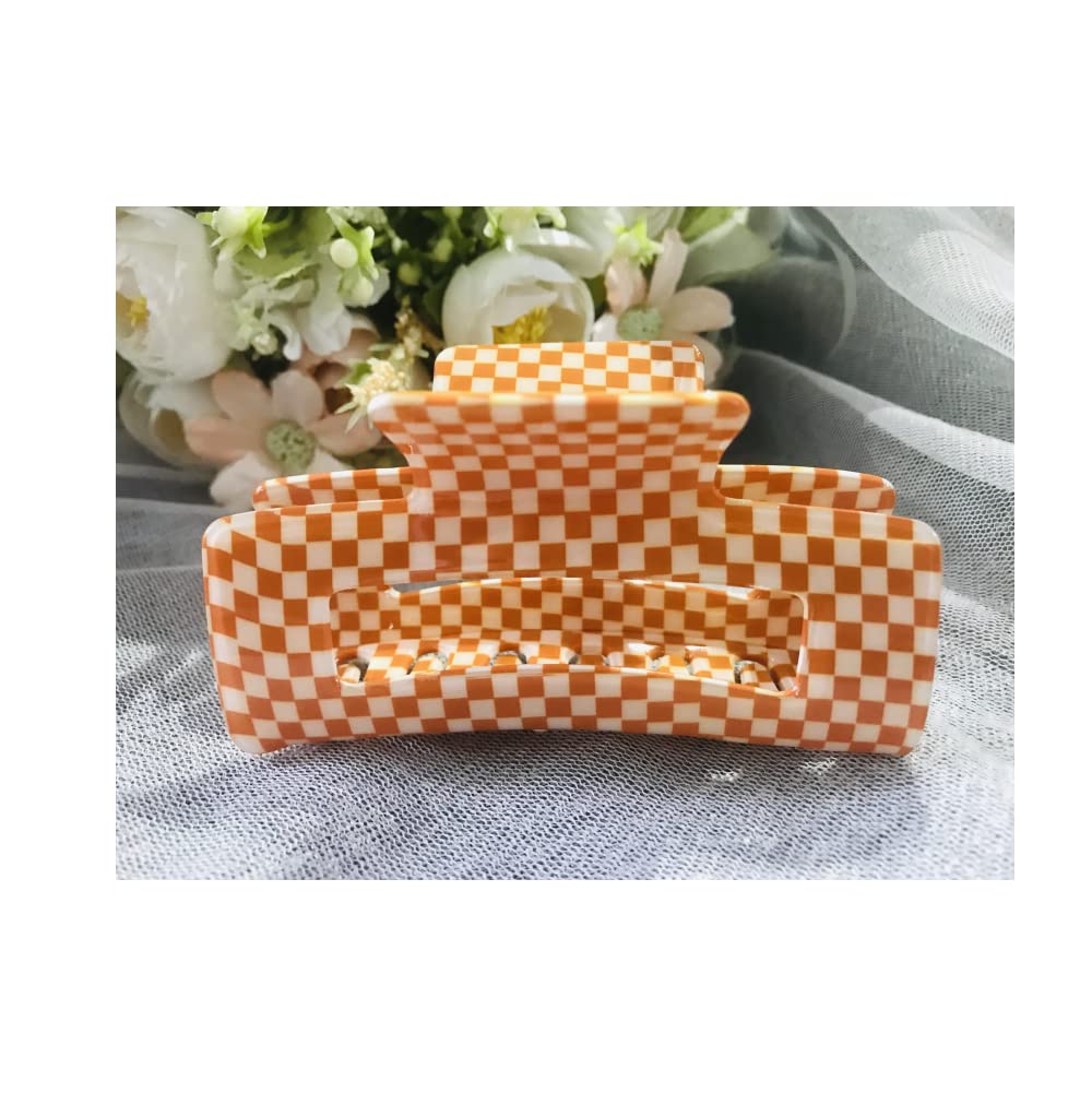 Checkered Hair Claw Clips for Women Girls Fashion Hair Clips for Styling Claw Clamps Thick Hair Retro Rectangle Shape, YOEMAYUNER (1PC Large Size/Orange, 3.94inch)