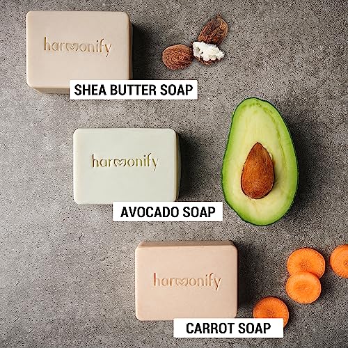 HARMONIFY All Natural 3 Set of Soap Bars, (Avocado, Carrot, Shea Butter) with Wooden Soap Dish, Assortment of Hand-Made Soaps, Skin Revitalizing and Moisturizing, Healthy, Made in Europe